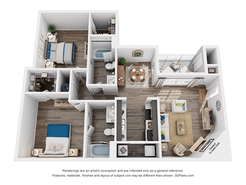 Floor plan for 2 beds, 2 baths, 1131 sqft
